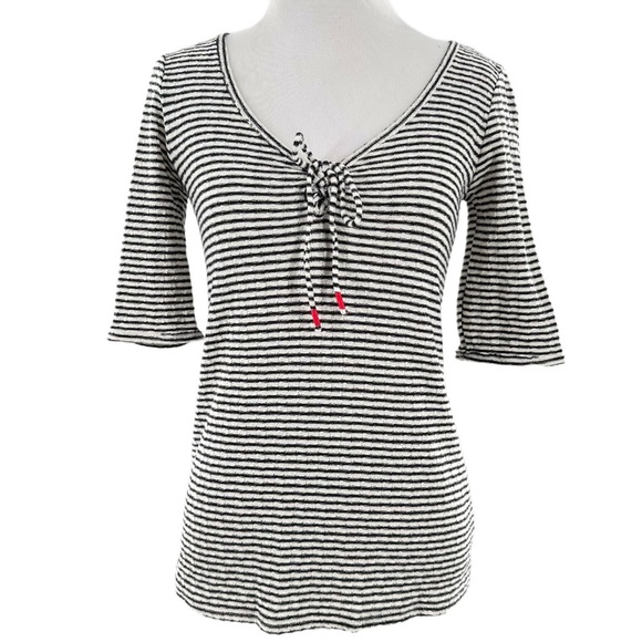 lucky brand womens top size XS black white stripes 3/4 sleeves v-neck - Picture 12 of 12